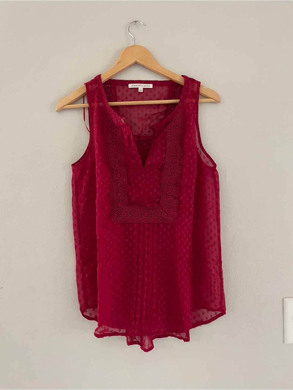 Daniel Rainn Red Sheer Sleeveless Swiss Dot V-Neck Blouse